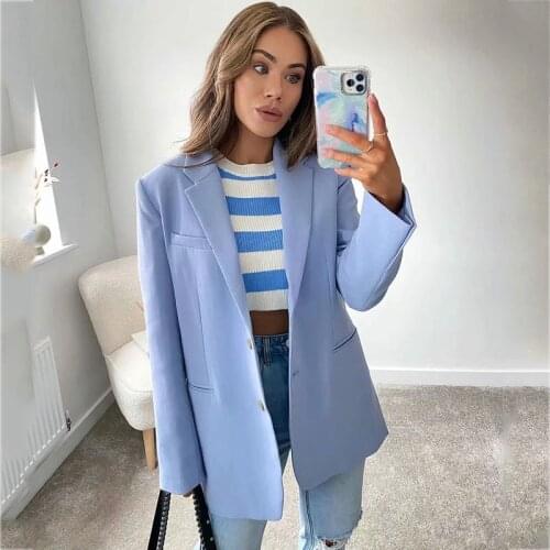 Foridol Spring Autumn Women Blazer Jacket Blue Office Ladies Female Jacket Coat 2021 New Women Clothing Blue Oversized Blazer