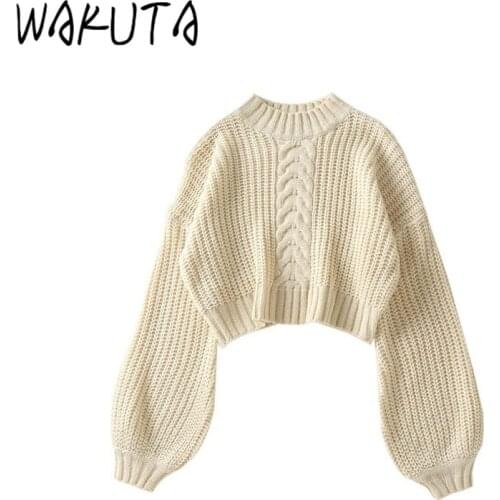 WAKUTA Showing Belley Sweater Women Autumn Winter New Knit Short Pullover Elegant Loose Solid Lantern Sleeve Chic Jumpers O-neck