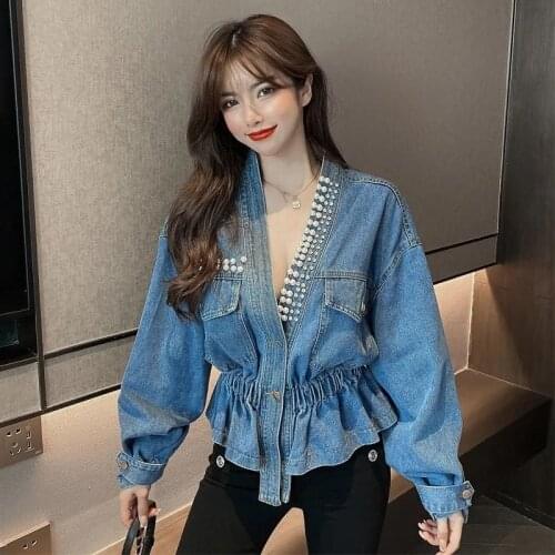Woman Spring V-neck Loose Denim Clothes Beaded Tight Waist Denim Jackets New Womens Fashion Casual Student Short Jacket Coat