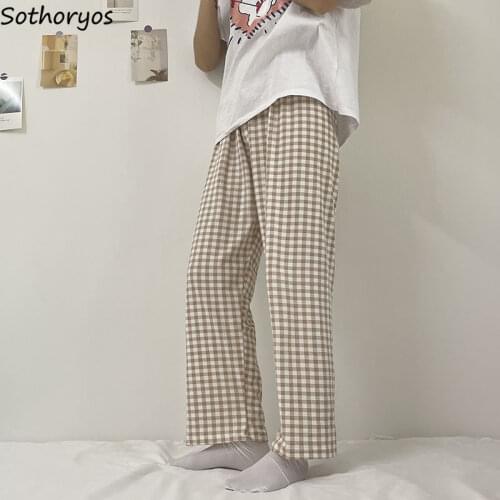Sleep Bottoms Women Plaid Simple Loose Comfort Home Nightwear Trendy Students Ankle-length Females Lounge Korean Style Popular