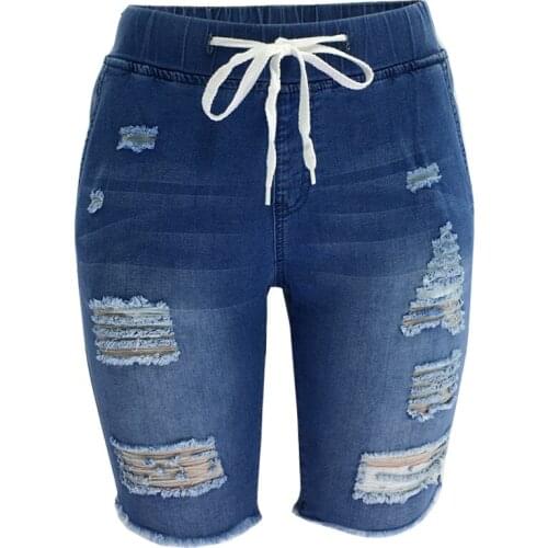 Summer Ripped Boyfriend Jeans for Women Sexy Hole Mid Waist Lace Up Short Jeans Women Knee Length Plus Size Jeans