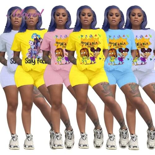 Women Biker Two Piece Set Casual Cartoon Letter Print Crop Tops T-Shirt Shorts Pants Suit Joggers Matching Set Sport Tracksuit