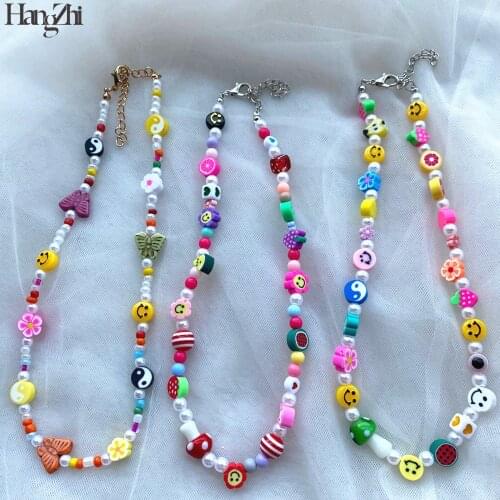 HangZhi 2021 New Colorful Smiley Tai Chi Butterfly Mushroom Soft Pottery Clavicle Choker Pearls Necklace Chain for Women Jewelry