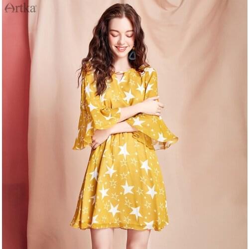 ARTKA 2020 Summer New Women Dress Fashion Star Print Flare Sleeve Dresses Elastic Waist O-Neck Lace Up Chiffon Dress LA25009C