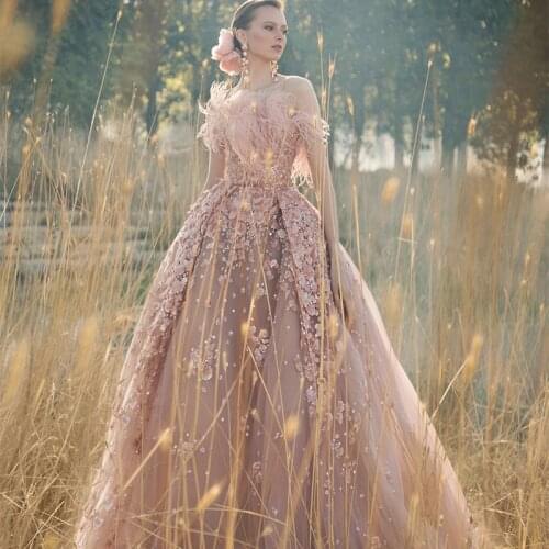 Pink Evening Dresses 2021 Strapless A Line Feather Floral Appliques Prom Gowns for Women Custom Made Robe De Soirée