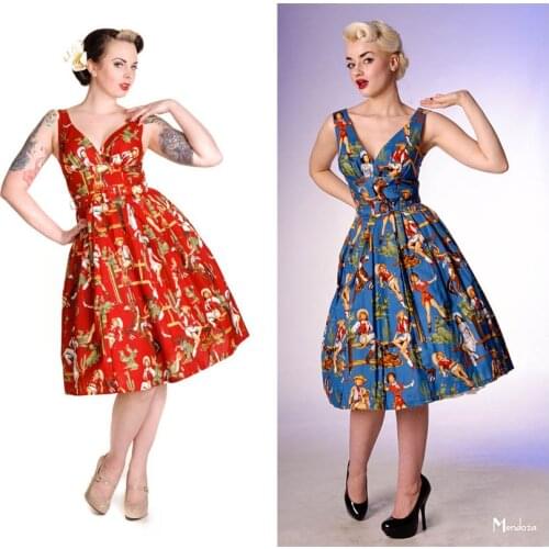 40- summer women vintage 1950s pinup cowgirl print v neck pleate swing dress rockabilly dresses plus size vestidos jurken robe