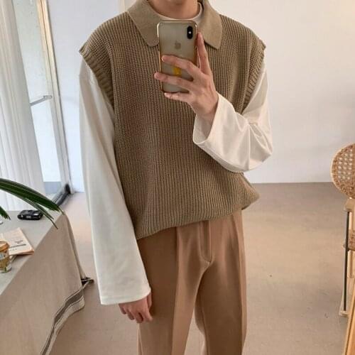 Waistcoat Sleeveless Wam Clothes Loose Tops Korean Kintted Vest for Men Fashion Autumn Lapel Loose Knitwear Sweater