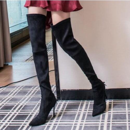 Winter New Brand Woman Black Suede Leather Bow Ties Back Thin Heels Pointed Toe Sexy High Heel Slim Over The Knee Long Boots