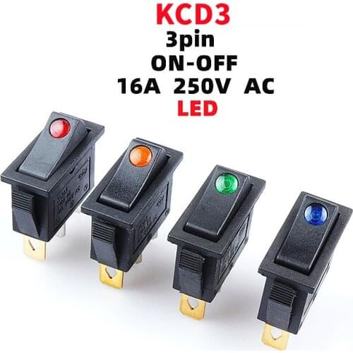 1/5pcs 3-pin rocker button switch KCD3 ON-OFF 2nd gear position mini cats eye with LED AC 16A 250V copper feet/silver contacts