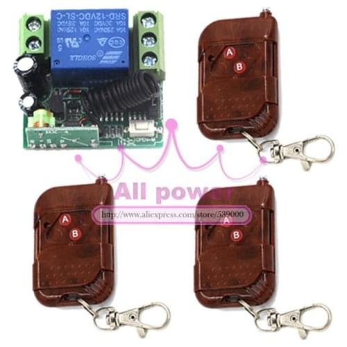 12V 1CH wireless remote control switch 1receiver board &3transmitter remote controller 10A output state is adjustable 315/433MHZ