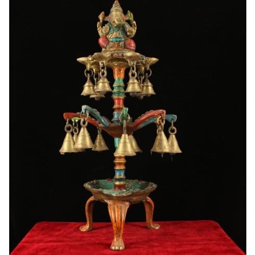 17" Tibet Buddhism Old Bronze mosaic Gem Painted outline in gold Elephant Trunk God of Wealth statue Bells Oil lamp Wax table