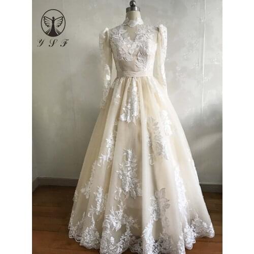 2020 Vintage Champagne High Collar Lace Long Sleeve A Line Floor Length Fairy Wedding Dresses