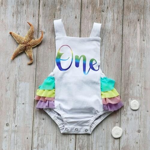 2021 Baby Girls Summer Bodysuits Infant Newborn Cute Letter One Sleeveless Backless Ruffle Rainbow Bodysuit Outfits for 0-18M