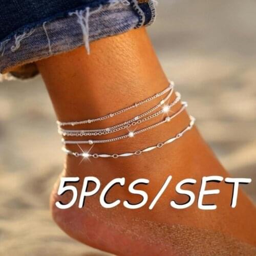 80% Hot Sale 5Pcs/Set Hot Sale Silver Color Style Fashion Anklet Bracelet on The Leg 2021 New Fashion Summer Beach Foot Jewelry