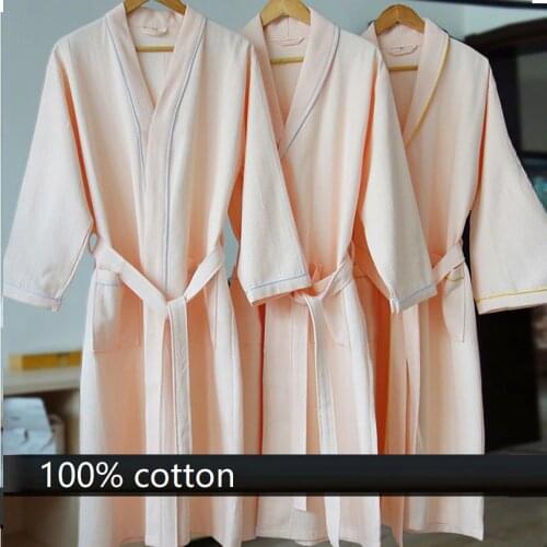 New Spring autumn100% pure Cotton plain color bathrobes robe Unisex pajamas sauna clothes waffle Sleepwear water absorption belt