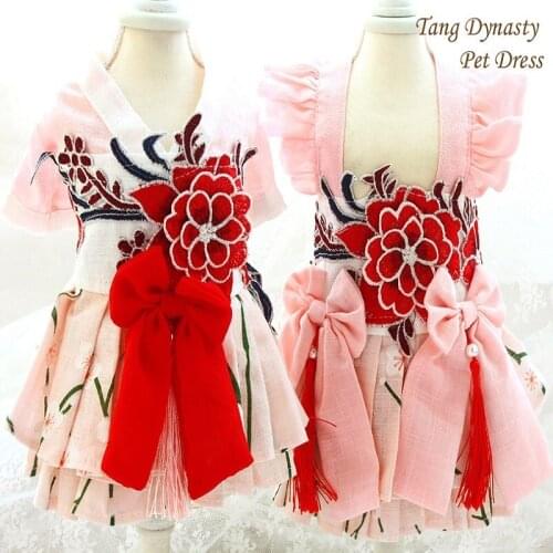 Free Shipping Dreams Back To Tang Dynasty Red Pomegranate Flowers Dog Clothes Soft Breathable Cotton Linen Handmade Pet Dresses