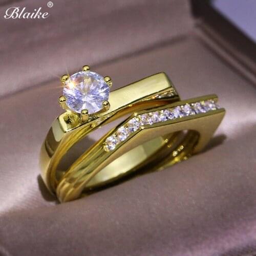 Blaike 2 Pc/Set Yellow Gold Filled Rings For Women White Round Zircon Bride Wedding Engagement Ring Set Jewelry Birthday Gifts