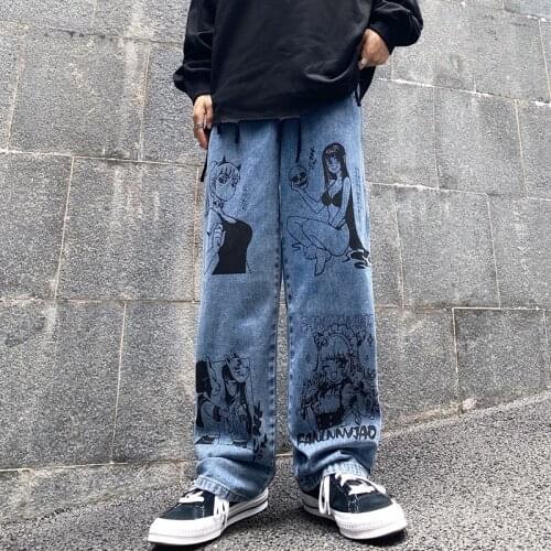 Vintage Washed Jeans Women Streetwear Jeans Harajuku Cartoon Anime Print Jeans Fashion GirlJeans Loose Wide Leg Pants Cotton
