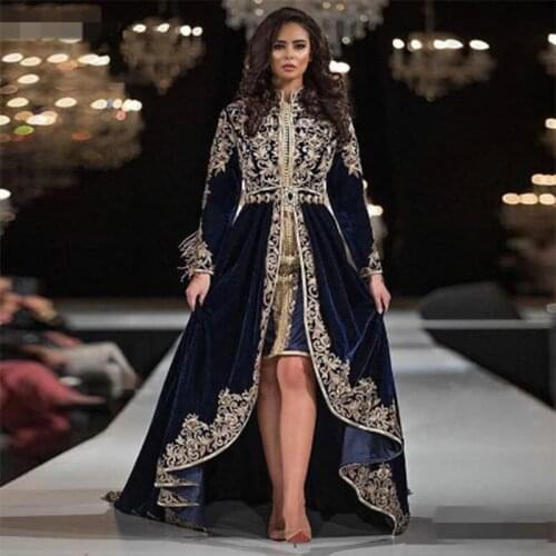 Elegant Long Sleeves Dark Blue Embroidered Algerian Karakou Evening Dresses High Low Long Prom Gowns Custom Made Party Dresses