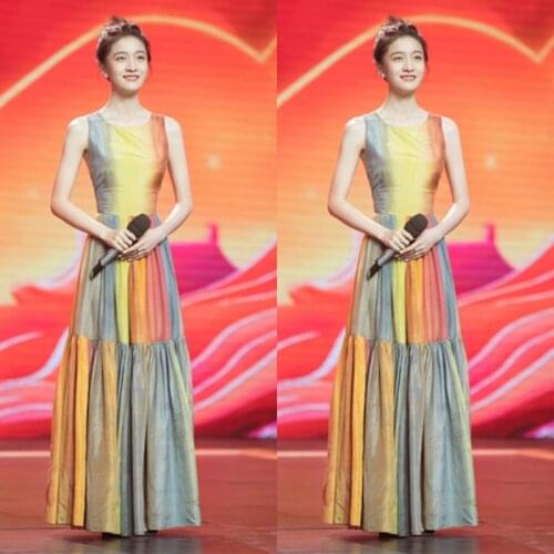 European and American casual stars with the same paragraph long vest skirt multicolor gradient color big swing sleeveless dress