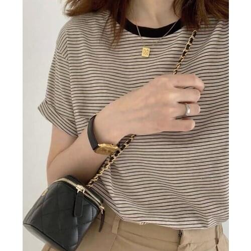 Striped O-neck short sleeve T-shirt women Korean simple loose T-shirt woman Casual waist was thinner tees ladies Summer 2021