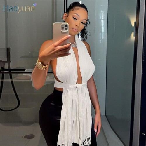 HAOYUAN Summer Bandage Women Crop Top Sexy Birthday Party Outfits Off Shoulder Backless Ladies Tops Y2k Clothes Club Scarf Tops