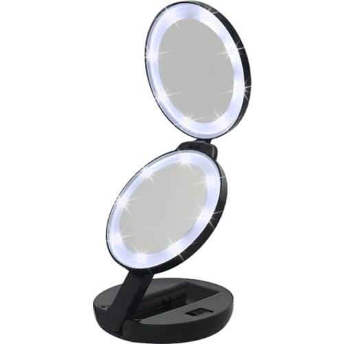 Mini Portable Round HD Makeup Mirror LED Light Bump Folding Beauty Cosmetic Tool Travel Mobile Power Bank USB Chargeable
