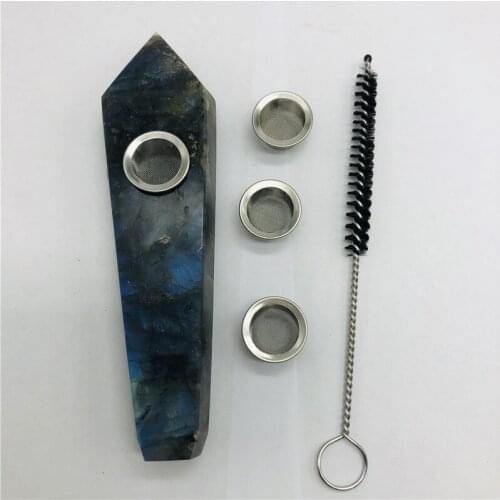 Natural crystal pipe labradorite crystal quartz Cigarette holder as gift 2 strainer + 1 brush