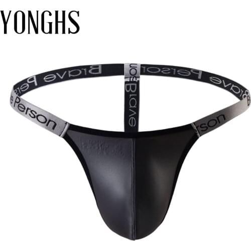 Mens Lingerie Letter Print Faux Leather Underwear Sexy G-string Thongs Briefs Underpants Low Waist T-back Bulge Pouch Panties