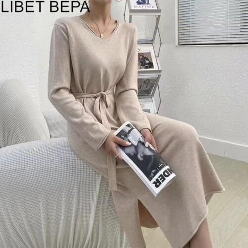 2021 New Autumn Winter Women Pullovers Knitted The Shift Dresses Lace Up Warm Split Elegant Vintage Lady Long Dresses DR1381JX