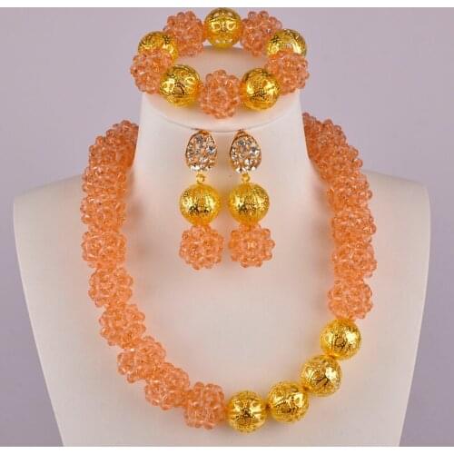 Peach Crystal Beaded Ball Necklace Jewelry Set African Wedding Beads Jewelry Sets