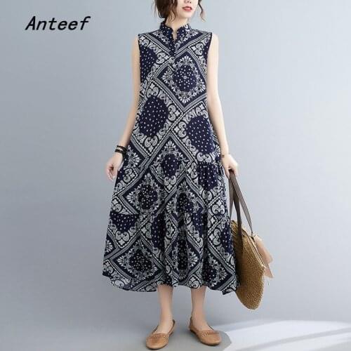 Sleeveless plus size cotton linen vintage floral dresses for women casual loose long summer dress elagant clothes 2021 sundress