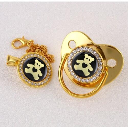 Luxury Rhinestones Baby Pacifier Cartoon Golden Bear Newborn Silicone Orthodontic Pacifier Nipple Infant Sleep Soother
