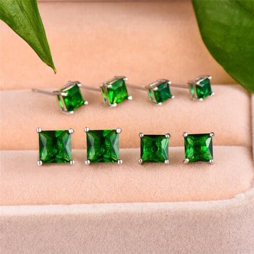 Cute Female Small 4/5/6/7mm Square Earrings 100% Real Sterling Silver Stud Earrings Fashion White Blue Green Earrings For Women