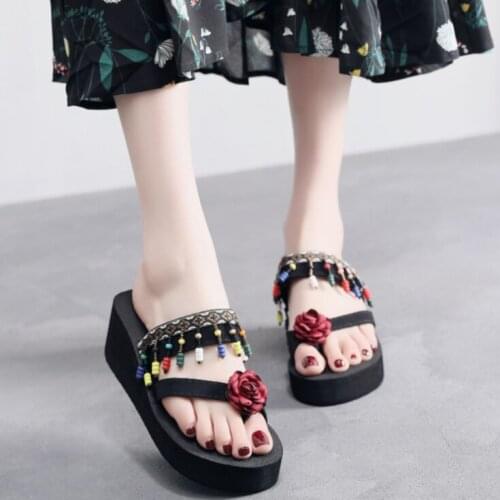 Women New High-heeled Slippers Female Summer Slippers Retro Seaside Beach Slope With Non-slip Flip Flops Female Slippers