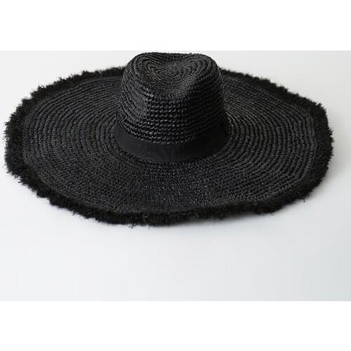New Trend Handmade Quality Raffia Straw For Women Men Summer Beach Panama Cap Fashion Wide Brim Sun Protection Visor Black Hat