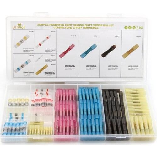 200X Assorted Heat Shrink Splice Solder Connecter Insulated Electrical Wire Thicken Butt Crimp Cable Terminal Connector with Box