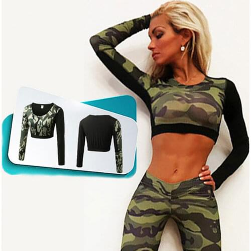 New Style Women Yoga Tops Camouflage Print Long Sleeve Shirts Fitness Running Crop Top Seamless Gym Workout Sportswear