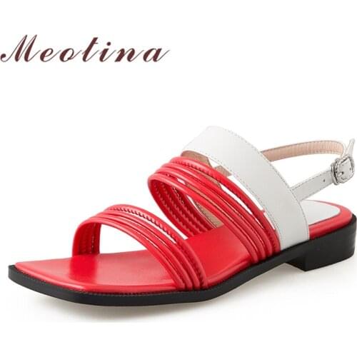 Meotina Real Leather Low Heels Sandals Narrow Band Women Shoes Square Toe Thick Heel Footwear Lady Summer Sandals Female Yellow