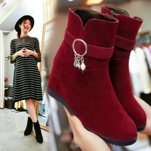 2021 New Autumn Winter Wedges Ankle Boots Women Flock Black Wine Red Blue Short Boots Fashion Female Rhinestone Zipper Shoes