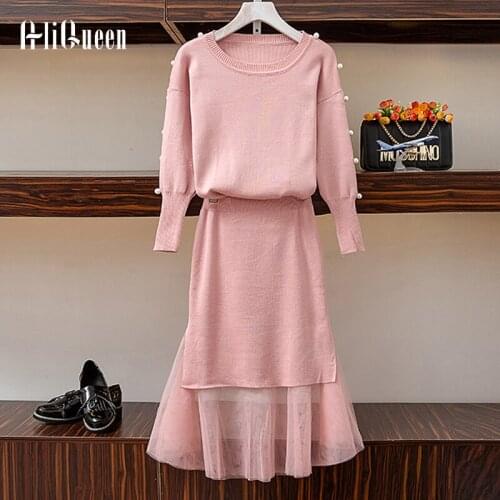 Sweatsuits For Women Autumn Sweet Pearls Knit Sweater + Mesh Patchwork Knit Skirt Women Set Suit Elastic Plus Size 2 Piece Set