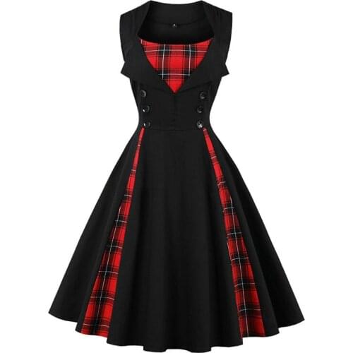 2020 Summer Dress Women Sleeveless Simple Plaid Audrey Hepburn 1960s Vintage Dress Button Elegant Rockabilly Dresses Sundress