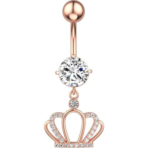 Crown Navel Ring Stainless Steel Clear Round Zircon Woman Body Piercing Jewelry Gifts Crown Dangle Belly Navel Ring Jewelry