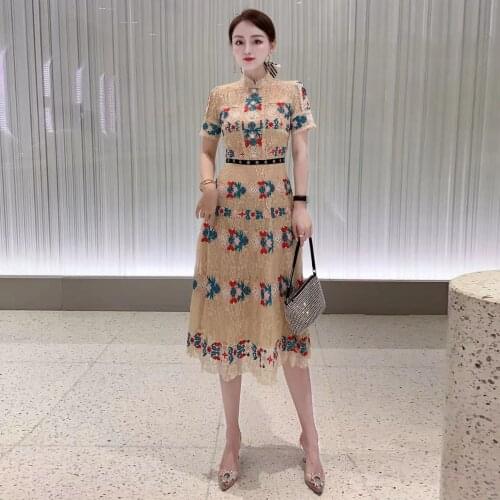 IVY HE New 2021 Fashion Designer Summer Party Dress Womens Short Sleeve Elegant Mesh Flower Embroidery Mid-Length Dress/Traf