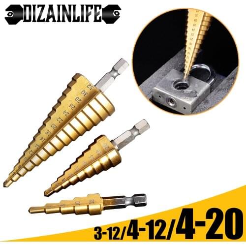 3-12 4-12 4-20 Titanium Coated Step Drill Bit for Metal Cone Drilling Tools Metal Drills Wood Cutters Hole Metal Core Drill Set