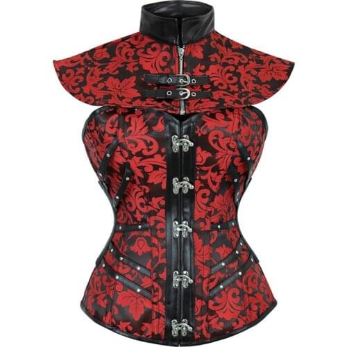 3PC Red Jaquard Gothic Corset Bustier Top Suit Steel Boned Gorset with Choker Cape Steampunk Gothic Clothes