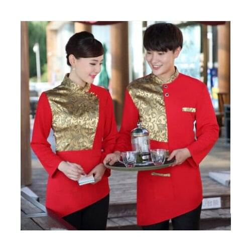 4 Colors 2018 Winter Waiter Waitress Workwear Coat Hotel Restaurant Cleaning Work Uniforms Unisex Long Sleeve Palms Print tops