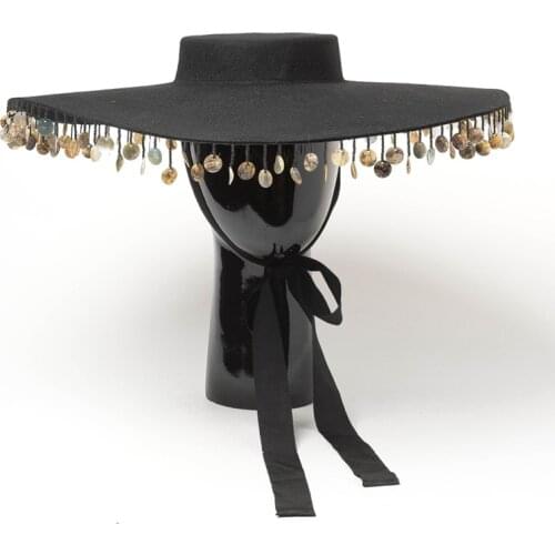 Designer Custom Hats Flat Top Black Tassel Top Hats Ladies Wide Brim Fedora Stage Model Catwalk Cap Fashion Luxury Hat