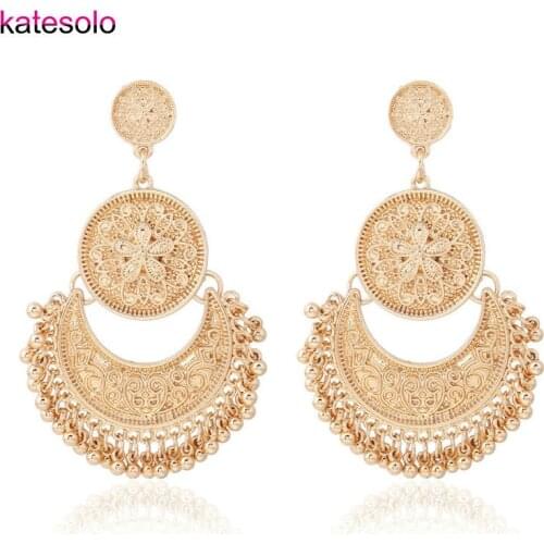 Ethnic Big Tassel Pendant Antique Tibet Gold / Silver Color Drop Earrings Vintage Flower Bead Earring Indian Jewelry Wholesale