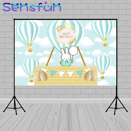 Hot Air Balloons Photography Background Custom White Clouds Cute Rabbit theme Kids Birthday Party Backdrop Newborn Banner